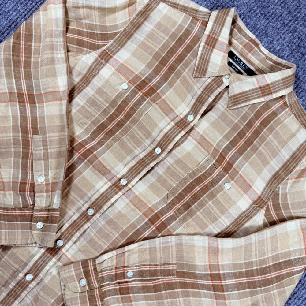 Lauren Ralph Lauren Denim Womens XL Plaid Linen Button Down Shirt Tan Brown